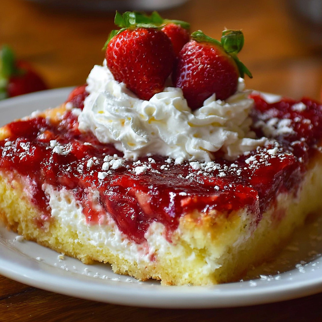 A slice of Ultimate Strawberry Cheesecake Dump Cake.