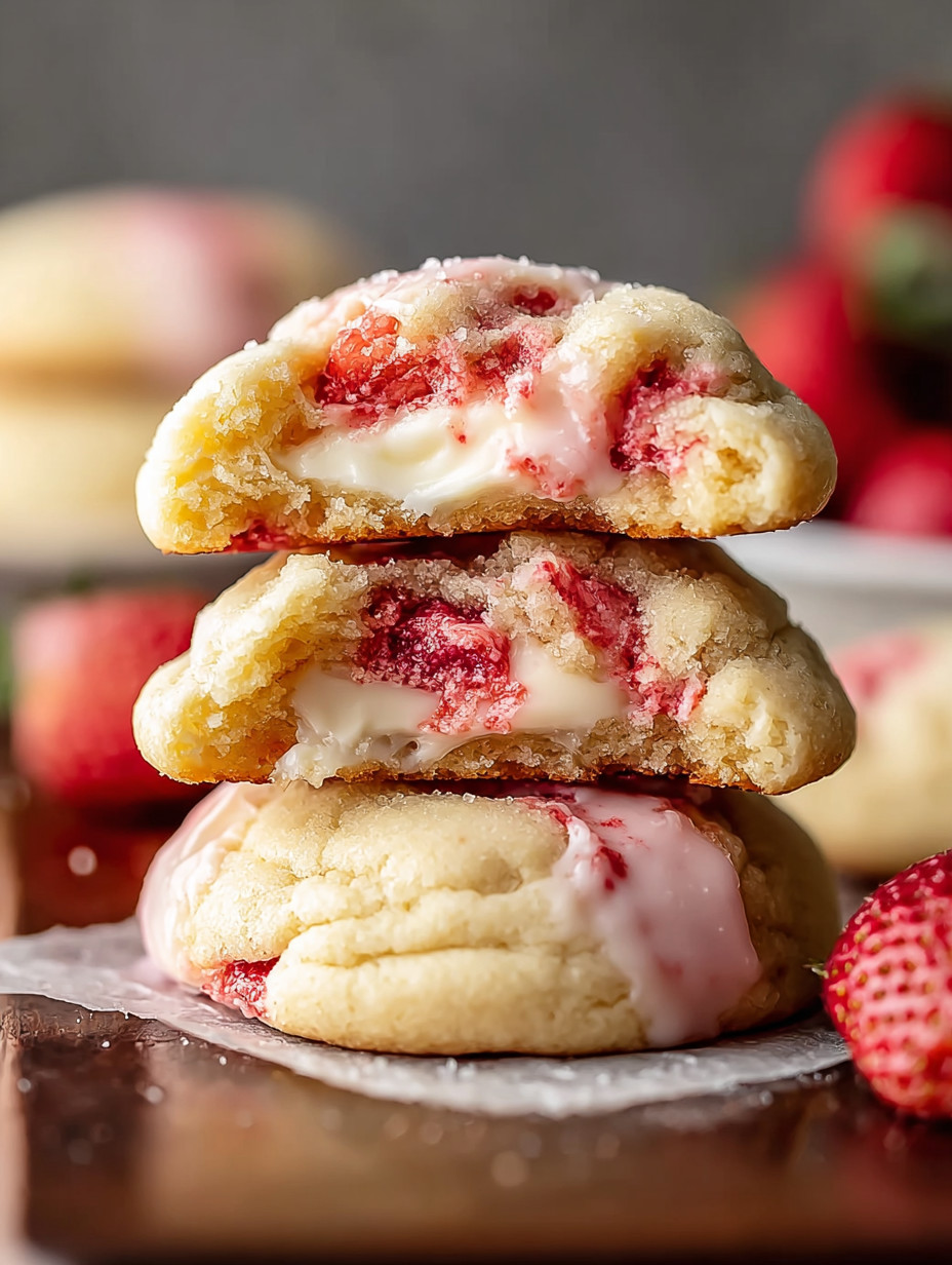 Three stacked cookies with strawberry cheesecake filling.