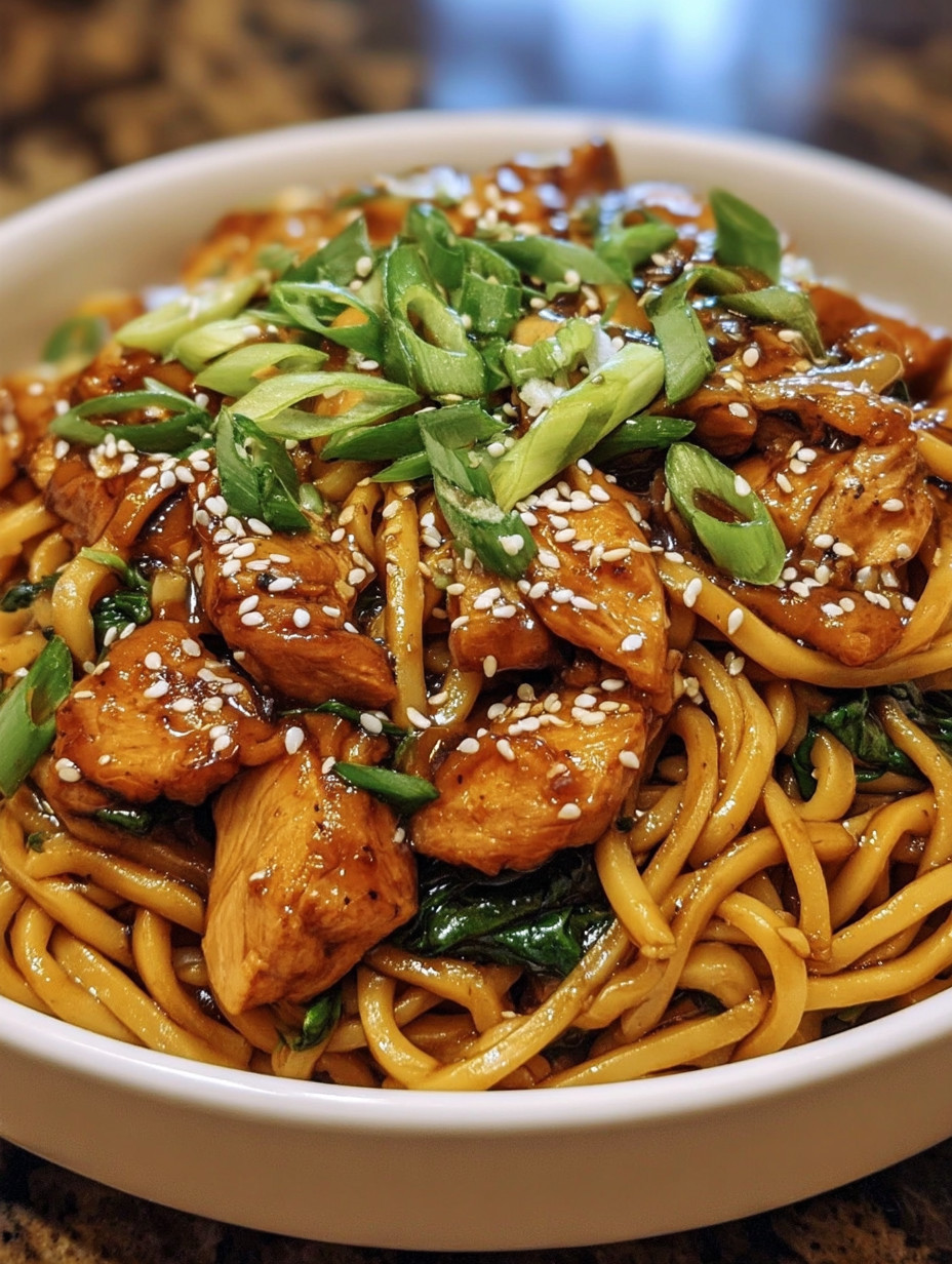 A bowl of delicious chicken teriyaki noodles.