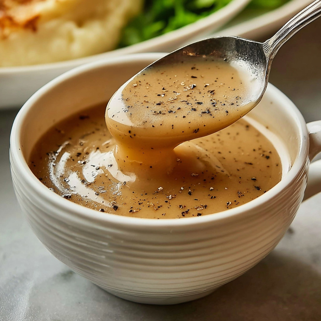 A spoon is in a bowl of gravy.
