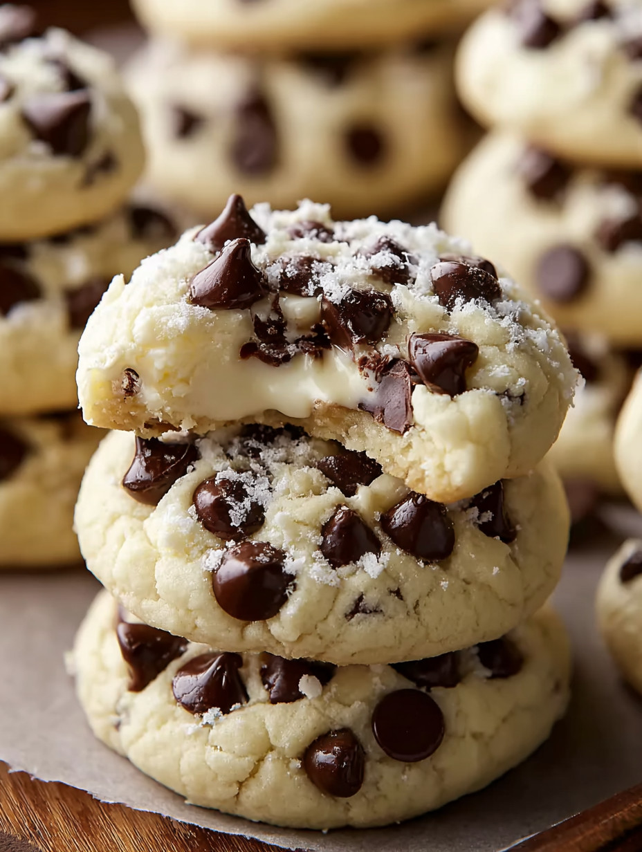 A stack of chocolate chip cheesecake cookies.