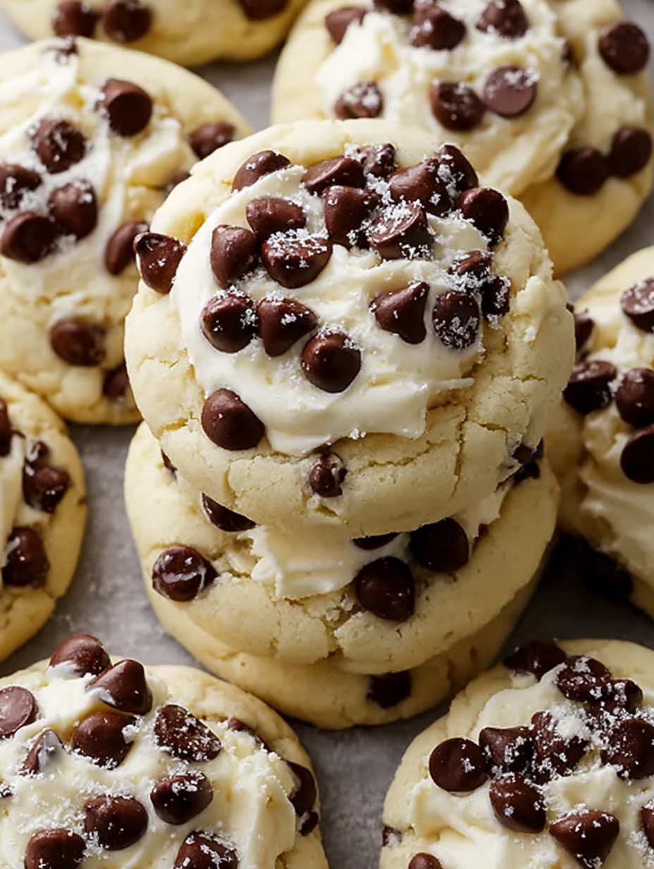 A stack of chocolate chip cheesecake cookies.
