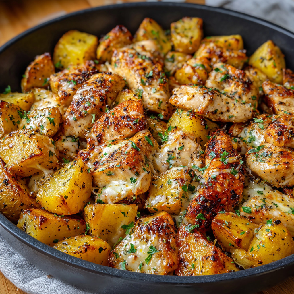 A dish of garlic Parmesan chicken and potatoes.