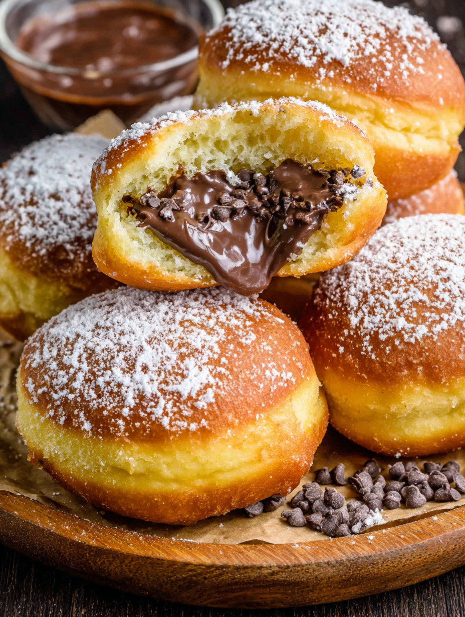 Chocolate custard brioche donuts on a plate.