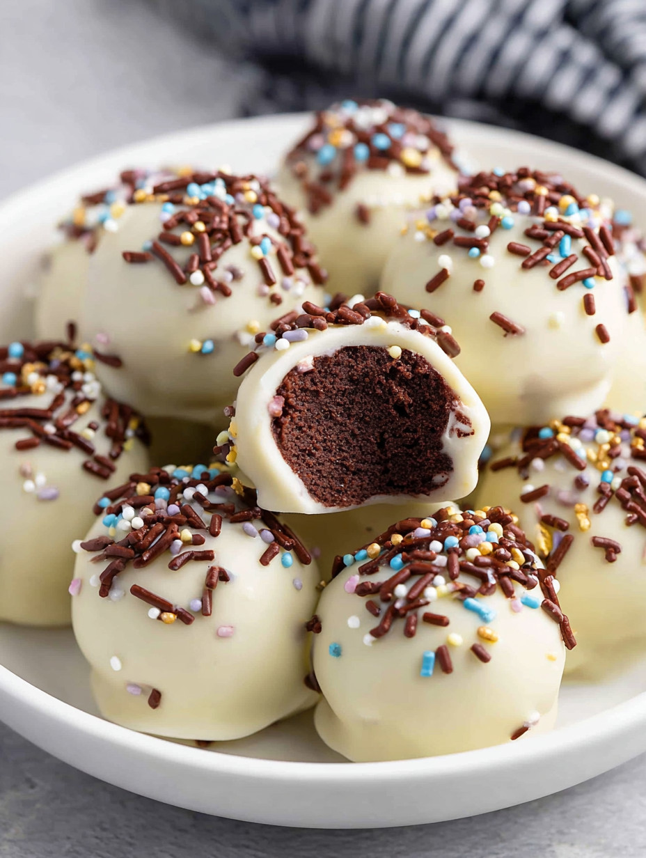 A plate of chocolate truffles with sprinkles.