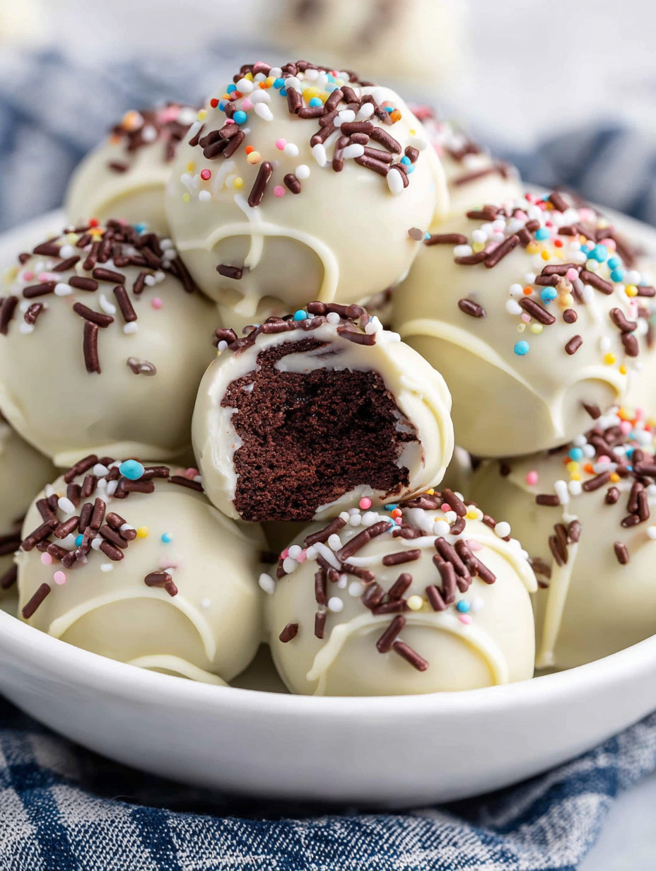 A bowl of brownies with chocolate drizzle.