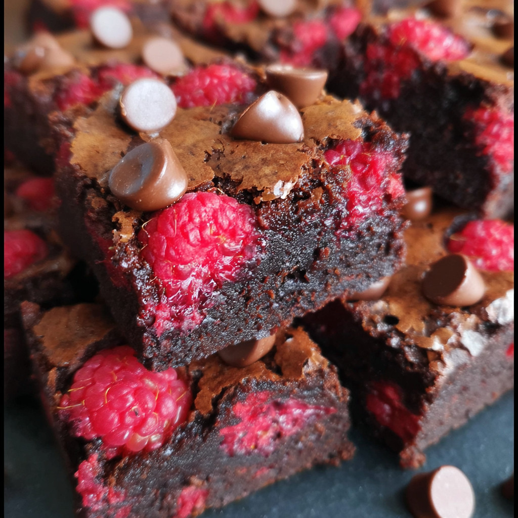A close up of a chocolate brownie with raspberries on top.