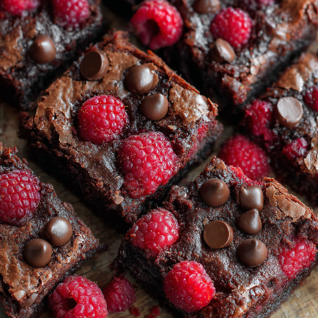 A close up of a chocolate brownie with raspberries on top.
