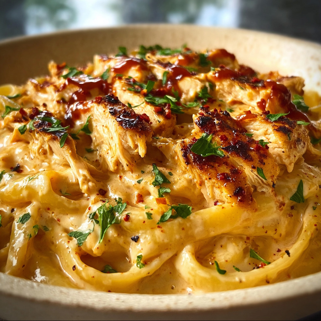 A bowl of creamy cheddar BBQ ranch chicken alfredo.