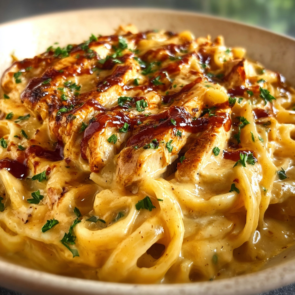 A bowl of creamy cheddar BBQ ranch chicken alfredo.