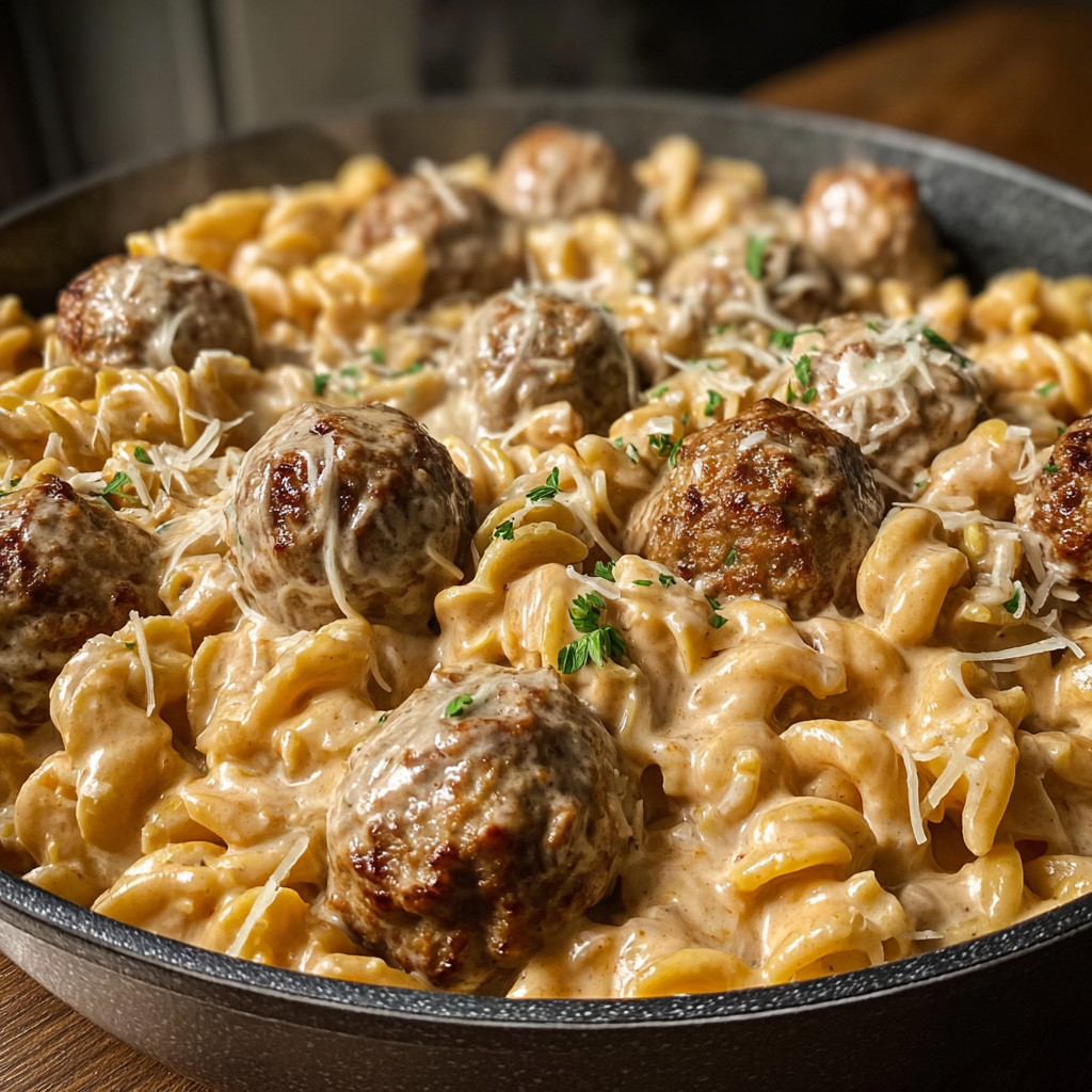 A dish of pasta with meatballs and cheese.