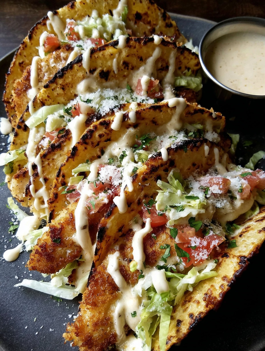 Crispy chicken alfredo tacos with tomatoes and cheese.