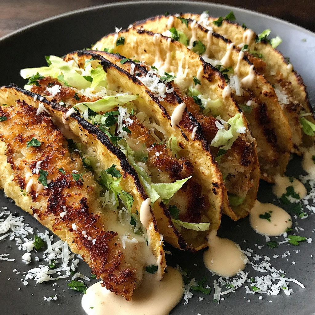 Crispy chicken alfredo tacos on a plate.