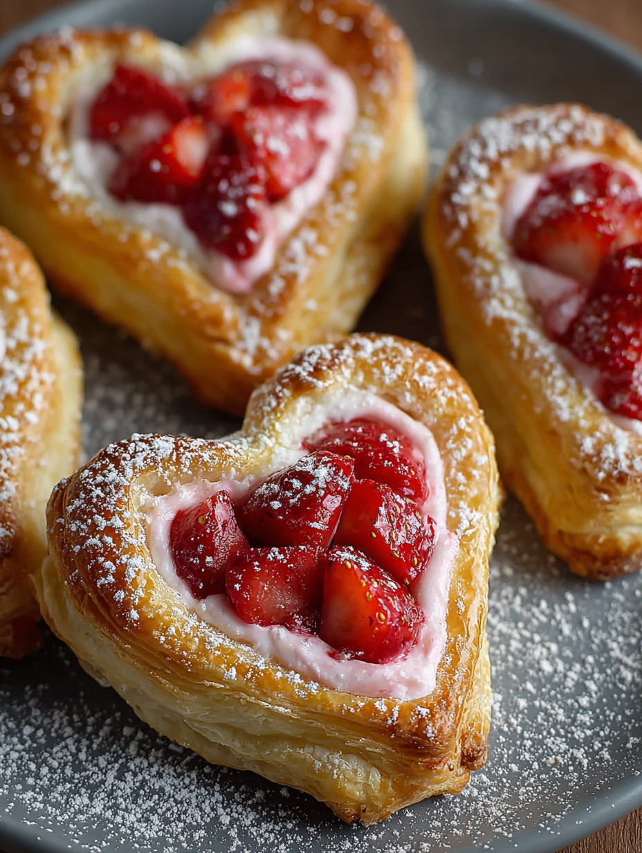 A pastry with strawberries and cream cheese.