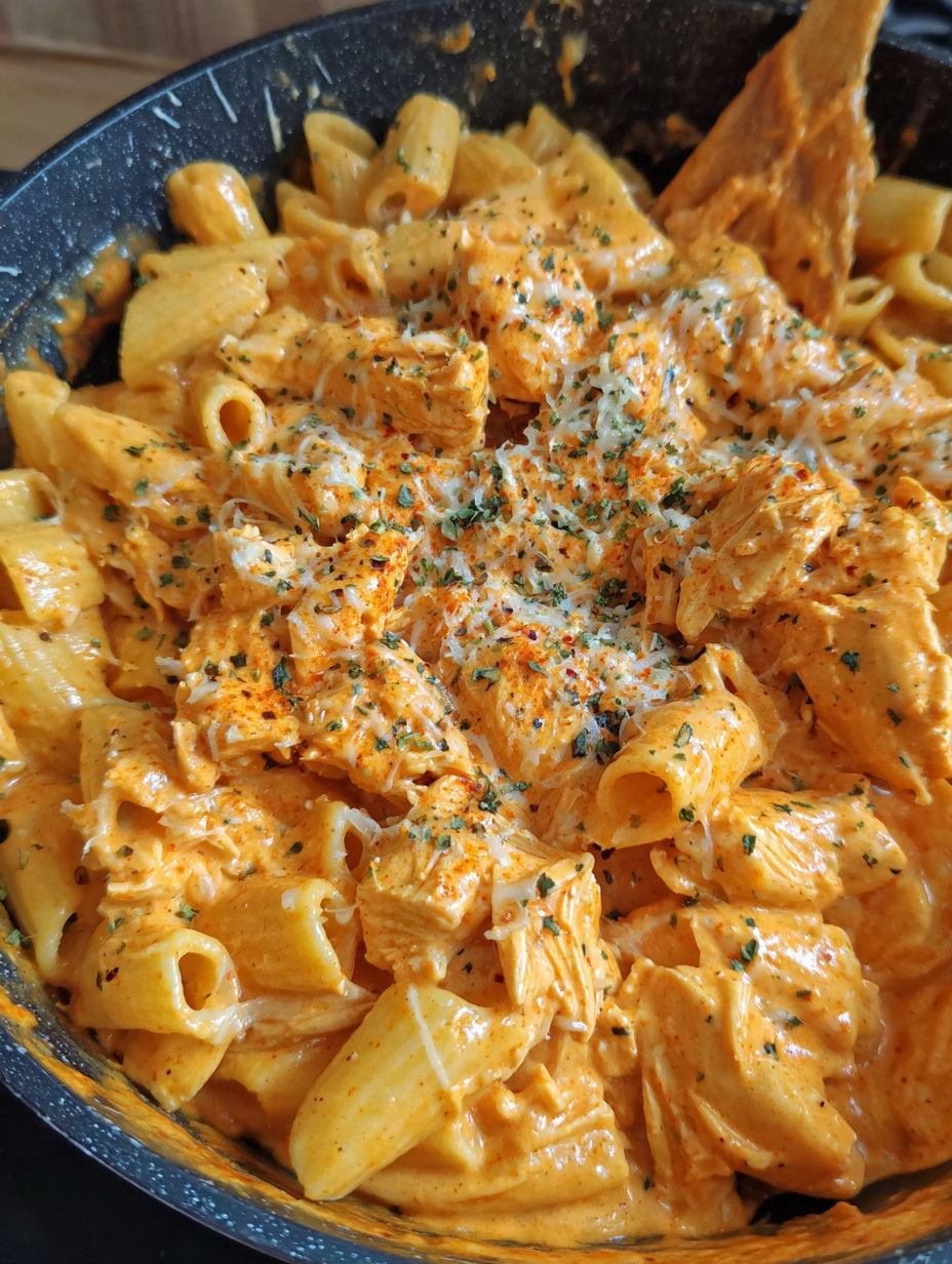 A close up of a delicious one-pot creamy spicy buffalo chicken pasta.