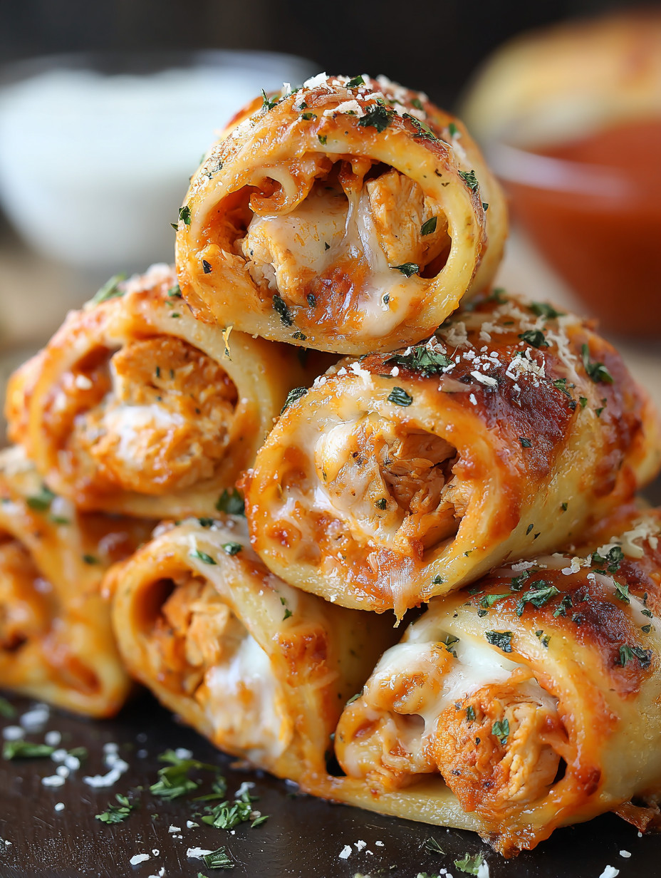 A stack of pepperoni pizza rolls on a plate.