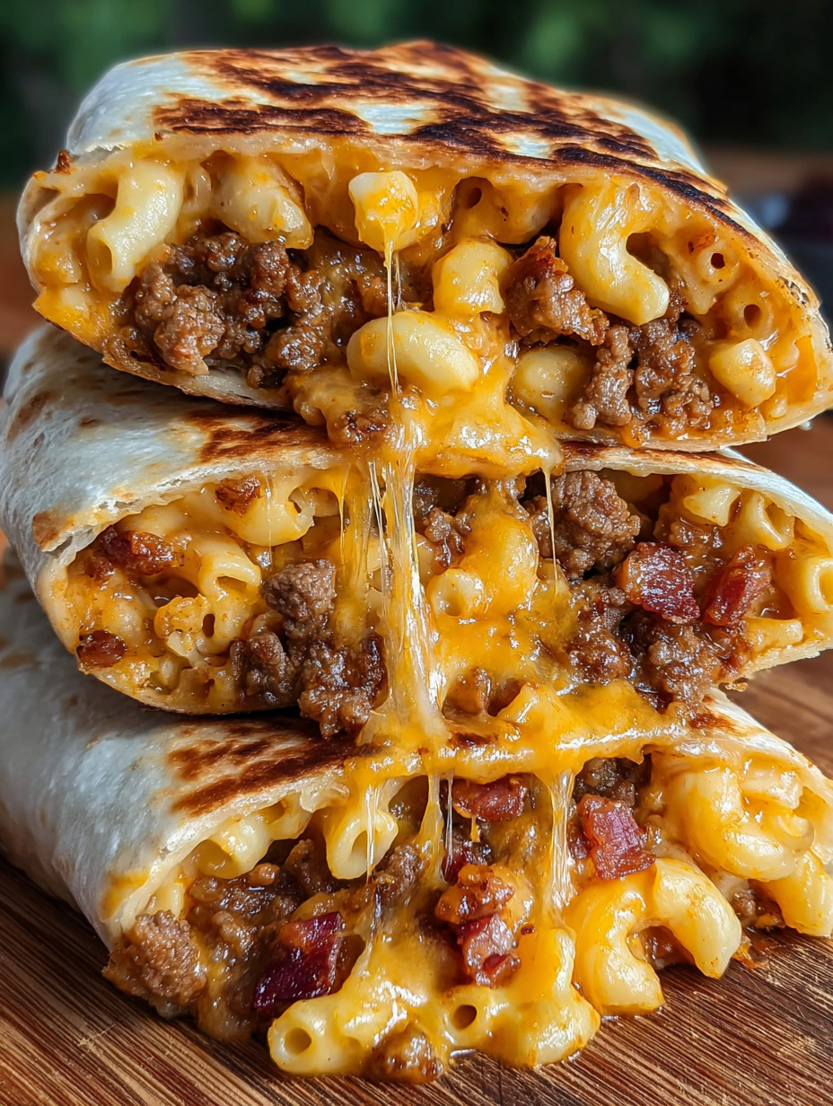 A burger wrap with mac and cheese and bacon.