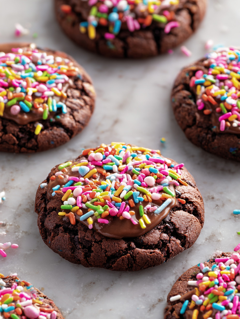 A close up of a chocolate cookie with sprinkles.