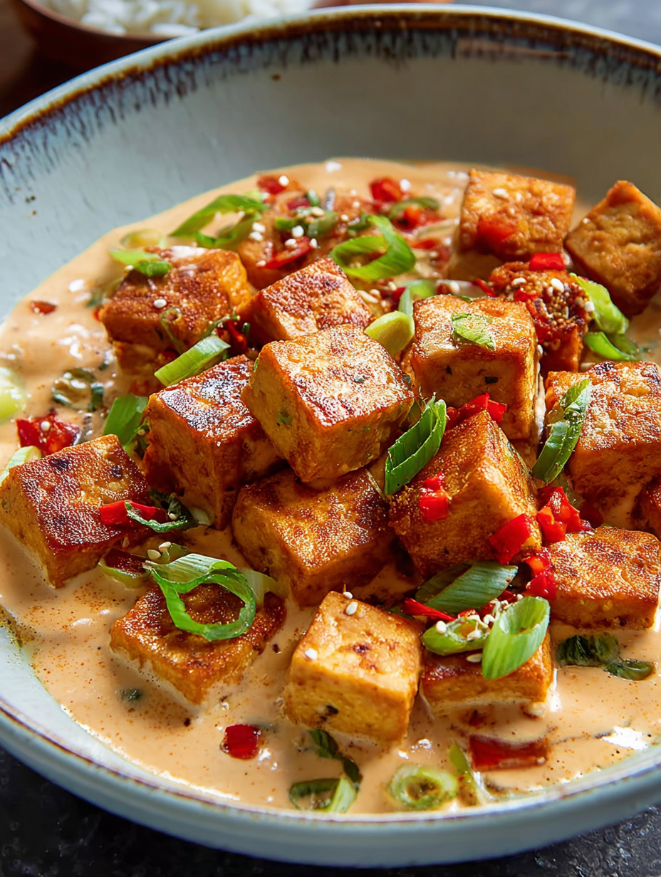 A bowl of spicy tofu with creamy coconut sauce.