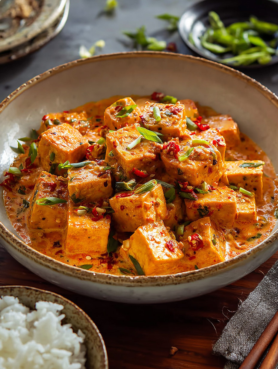 A bowl of spicy tofu with creamy coconut sauce.