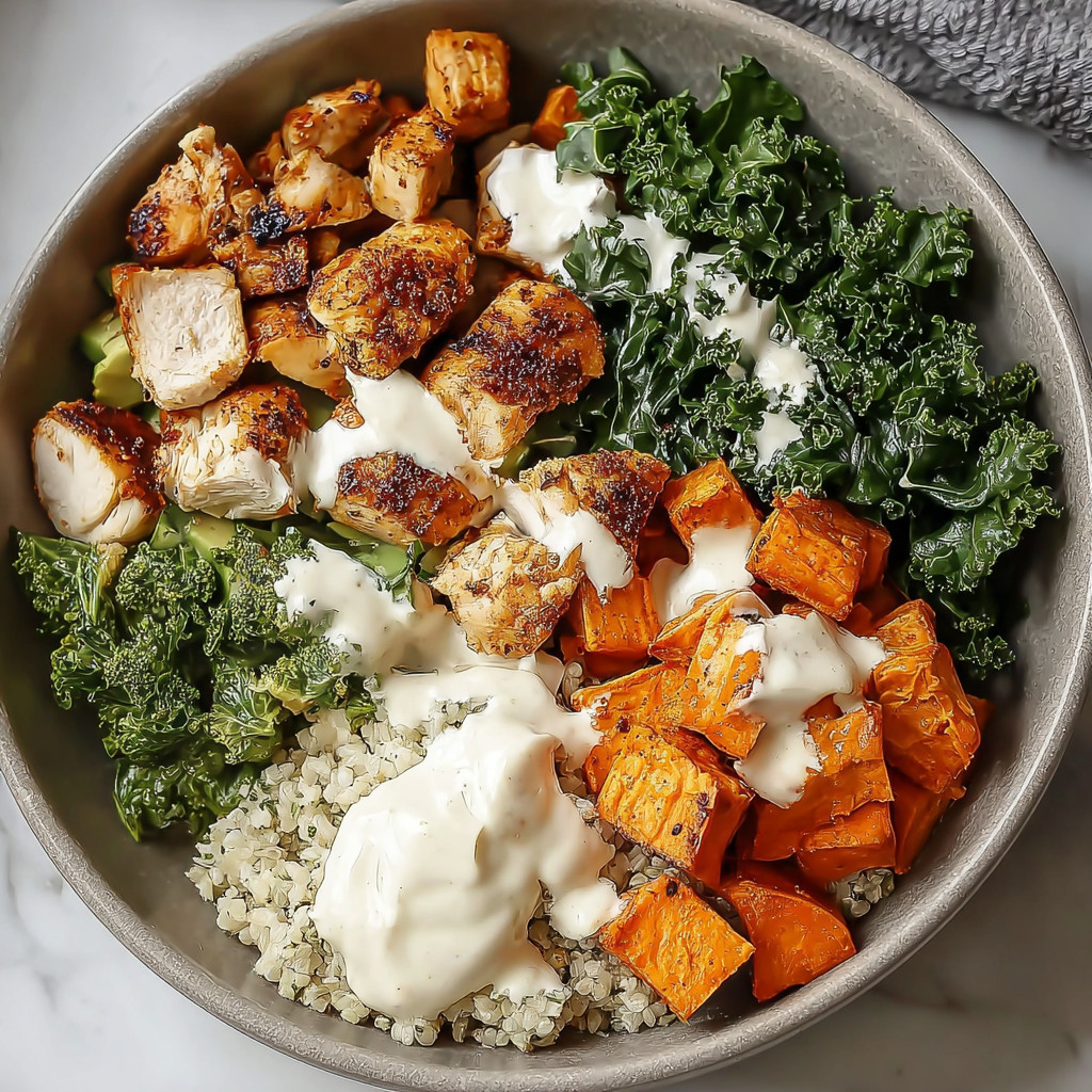 A bowl of roasted chicken, sweet potato, and kale.