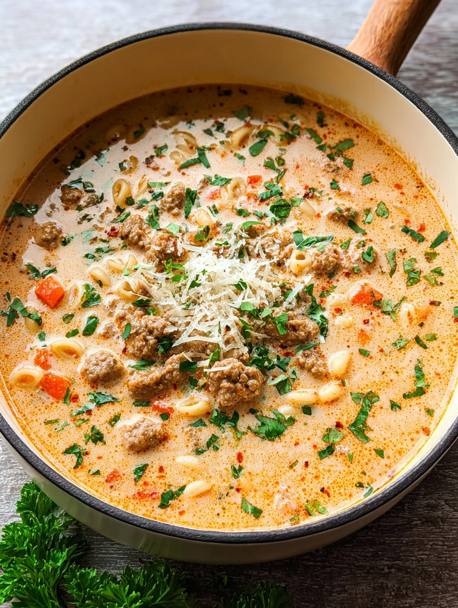 A bowl of creamy Parmesan Italian sausage ditalini soup.