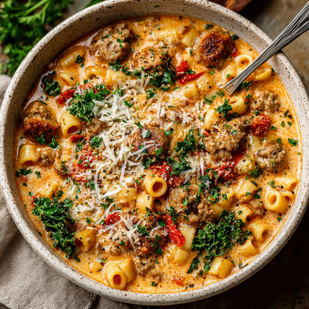 A bowl of creamy Parmesan Italian sausage ditalini soup.