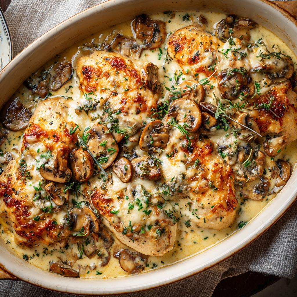 A dish of chicken and mushrooms.