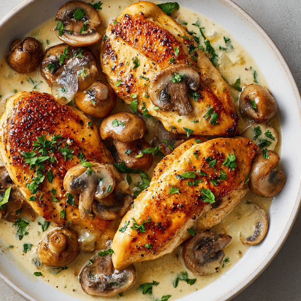A plate of chicken with mushrooms and herbs.