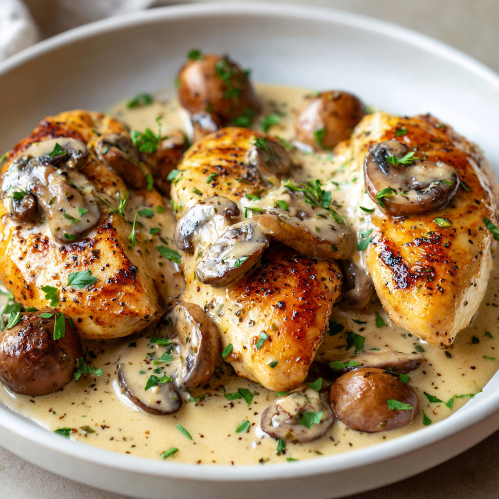 A plate of chicken with mushrooms and herbs.