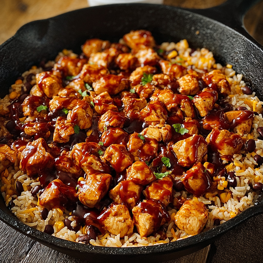 A skillet full of rice, chicken, and sauce.