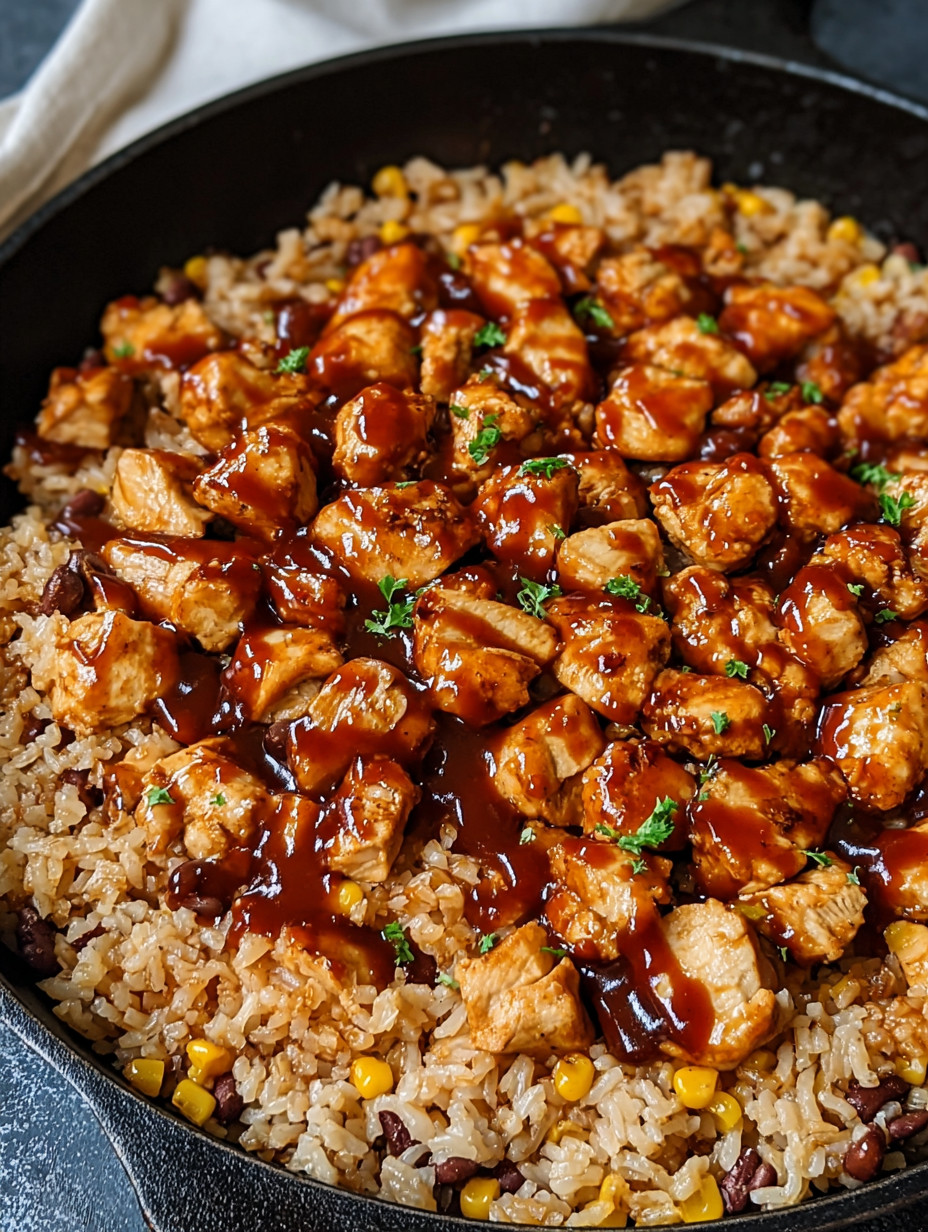 A skillet of rice and chicken with a smoky chipotle BBQ sauce.