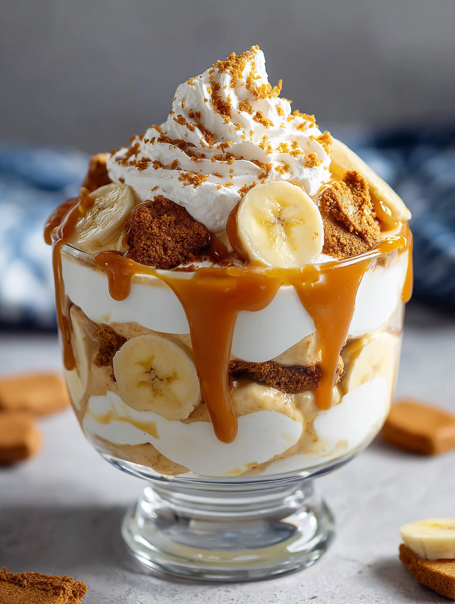 A delicious dessert with bananas, caramel, and whipped cream.