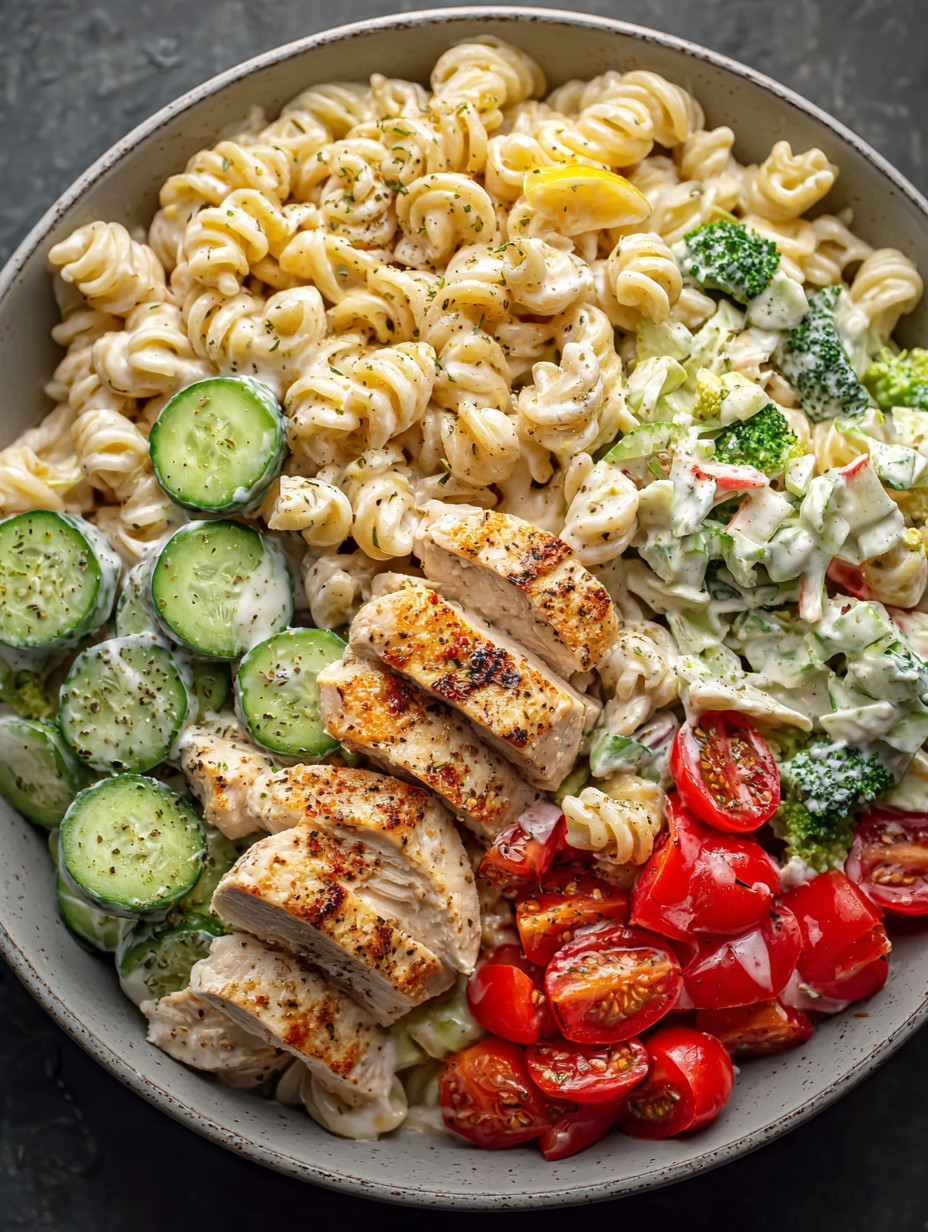 A bowl of food with chicken, pasta, tomatoes, broccoli, cucumbers, and cheese.