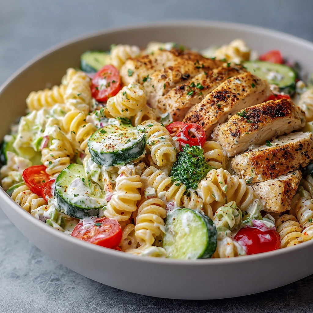 A bowl of pasta salad with chicken, tomatoes, cucumbers, and cheese.