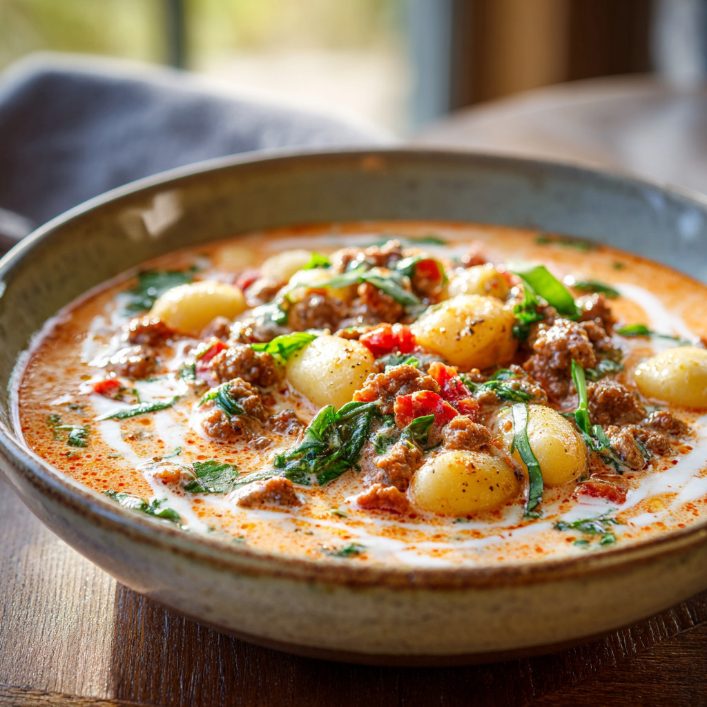 A bowl of soup with meat and vegetables.