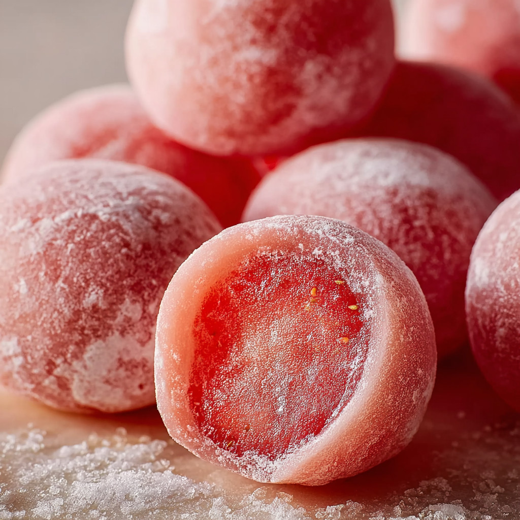 A pile of frozen strawberry mochi.