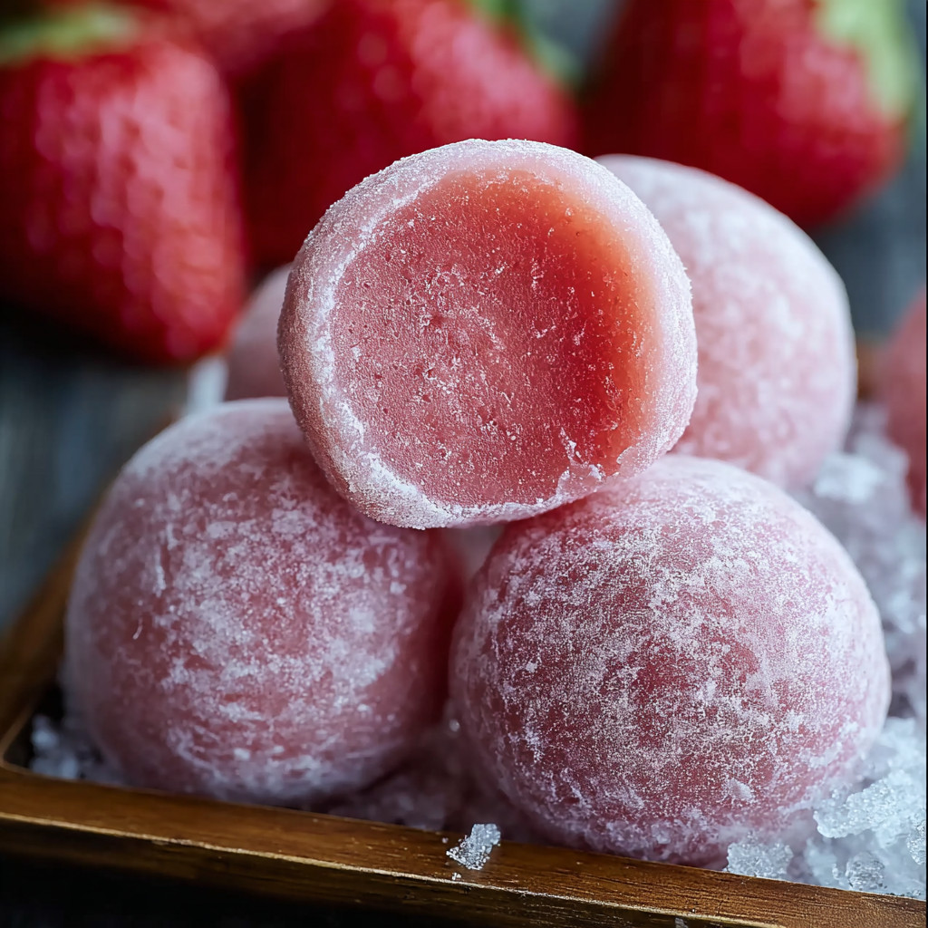 A bowl of strawberry mochi.