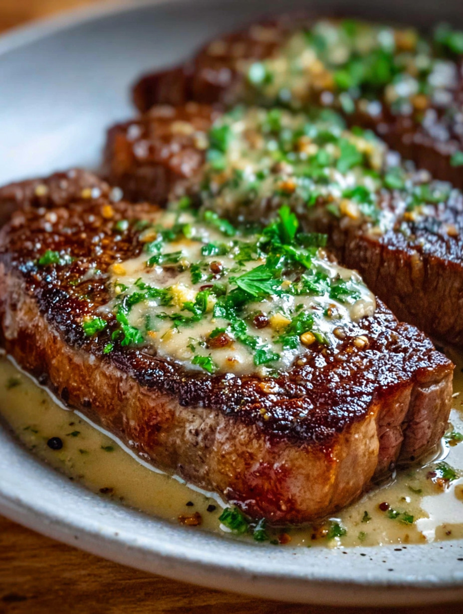 A juicy steak with creamy garlic sauce.