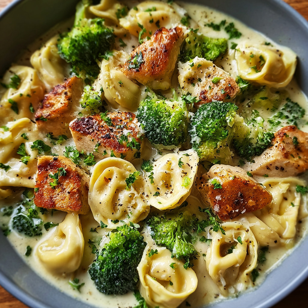 A bowl of garlic Parmesan chicken tortellini.