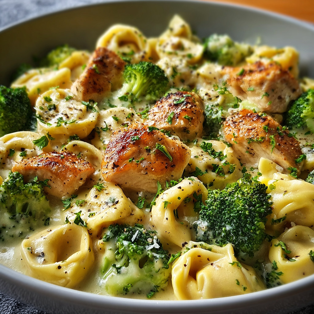 A bowl of garlic Parmesan chicken tortellini.