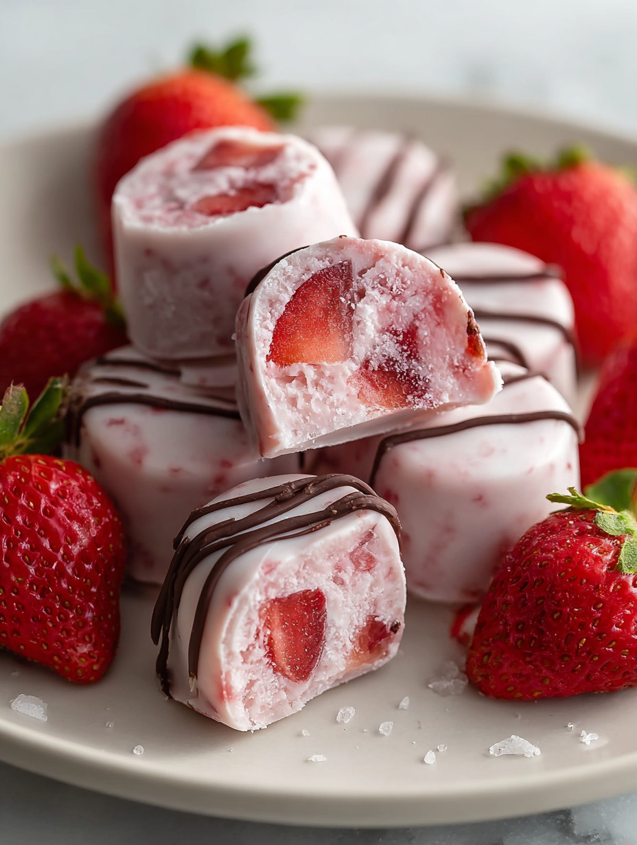 A plate of frozen strawberry yogurt bites.
