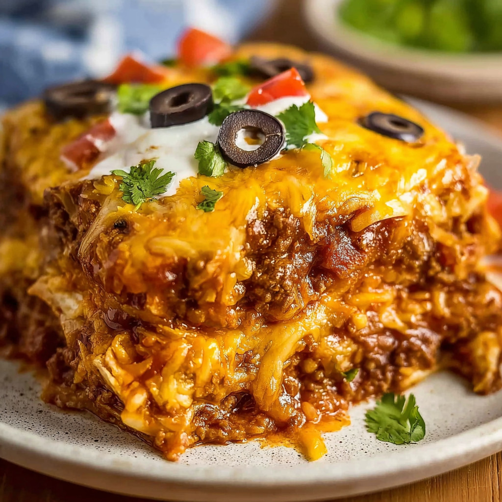 A beef enchilada casserole with black olives on top.