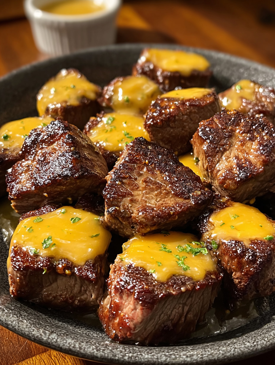 A plate of Texas Roadhouse-Inspired Cheesy Butter Steak Bites.