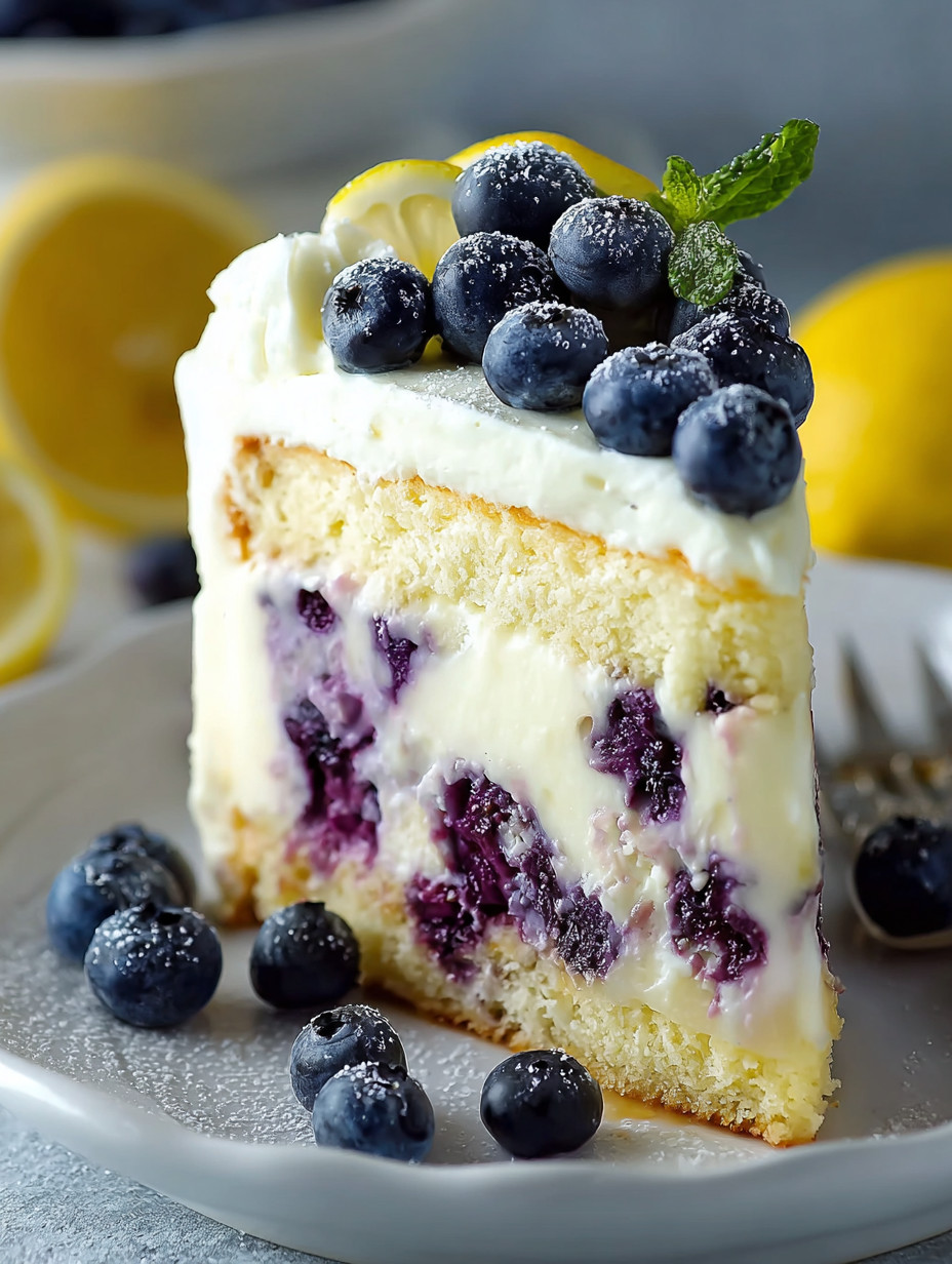 A slice of lemon blueberry cheesecake cake.