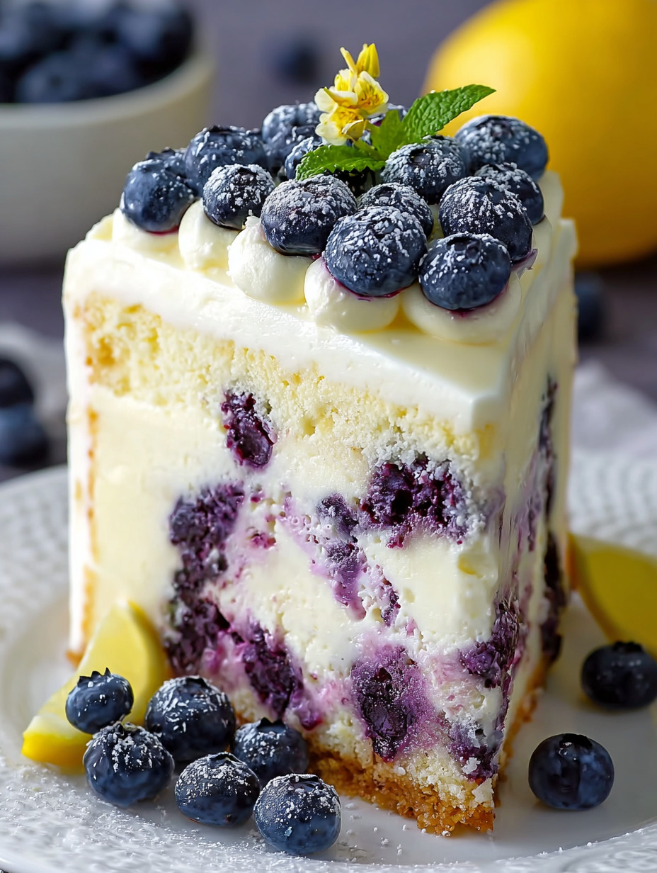 A slice of lemon blueberry cheesecake cake.