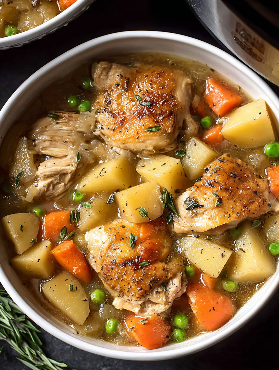 A bowl of chicken stew with peas and carrots.