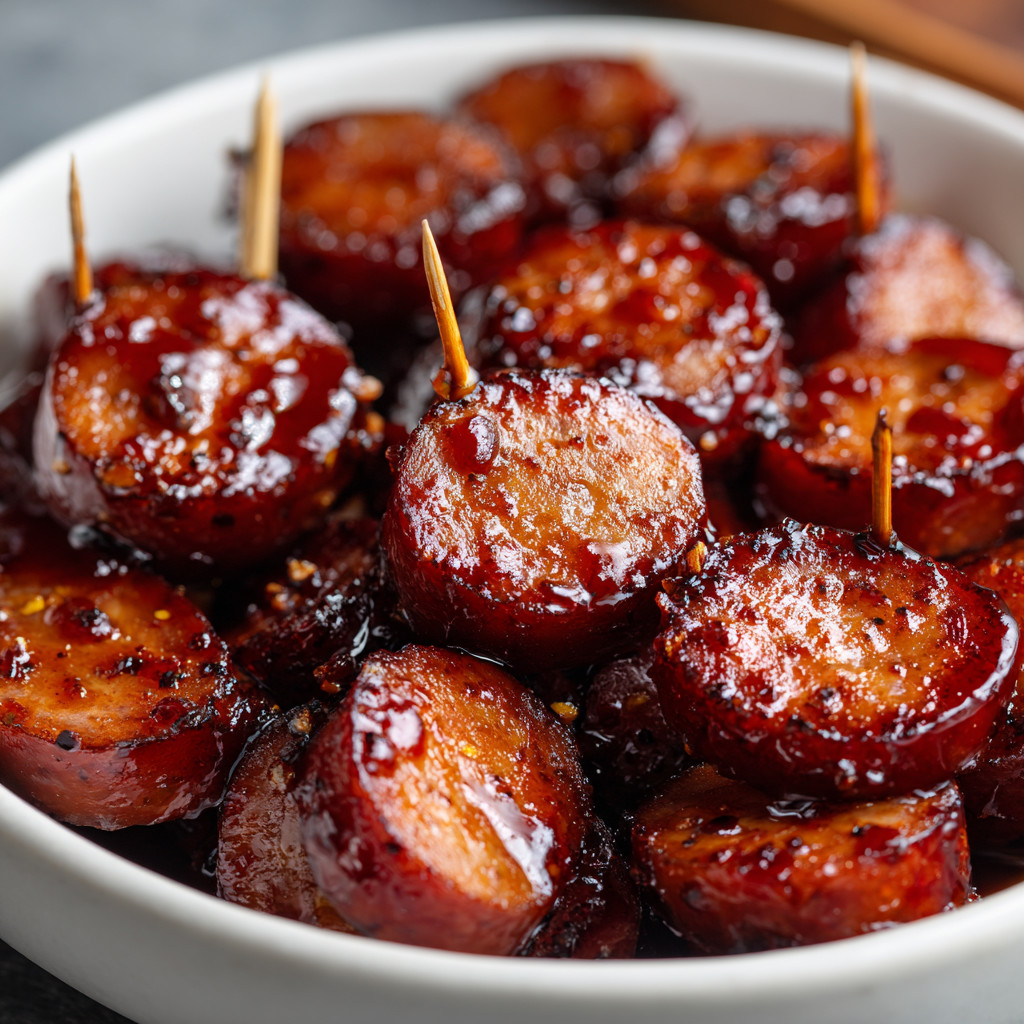 A bowl of candied kielbasa bites.