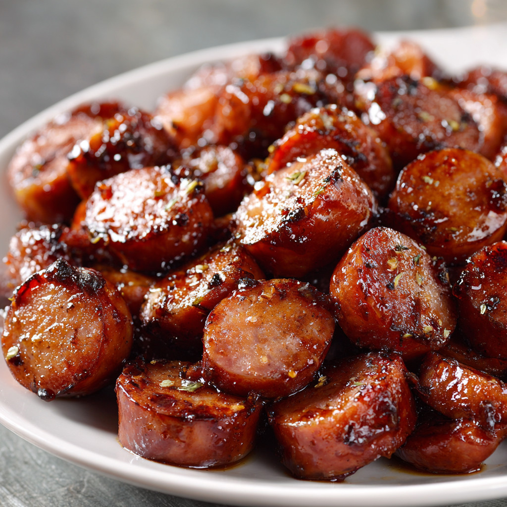 A plate of candied kielbasa bites.