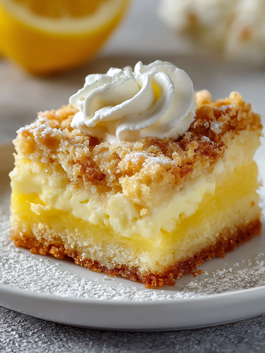 A slice of cake with white icing and a lemon wedge on top.